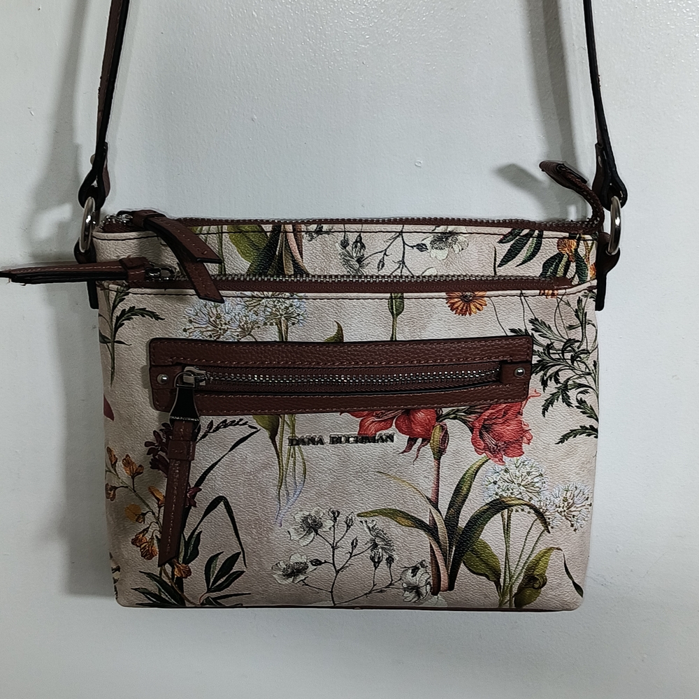 Dana Buchman Casual Floral Crossbody Bag with Brown Accents Adjustable Strap.